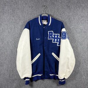 Vintage 90s DeLong Wool Varsity Jacket Blue White Unisex Adult Medium